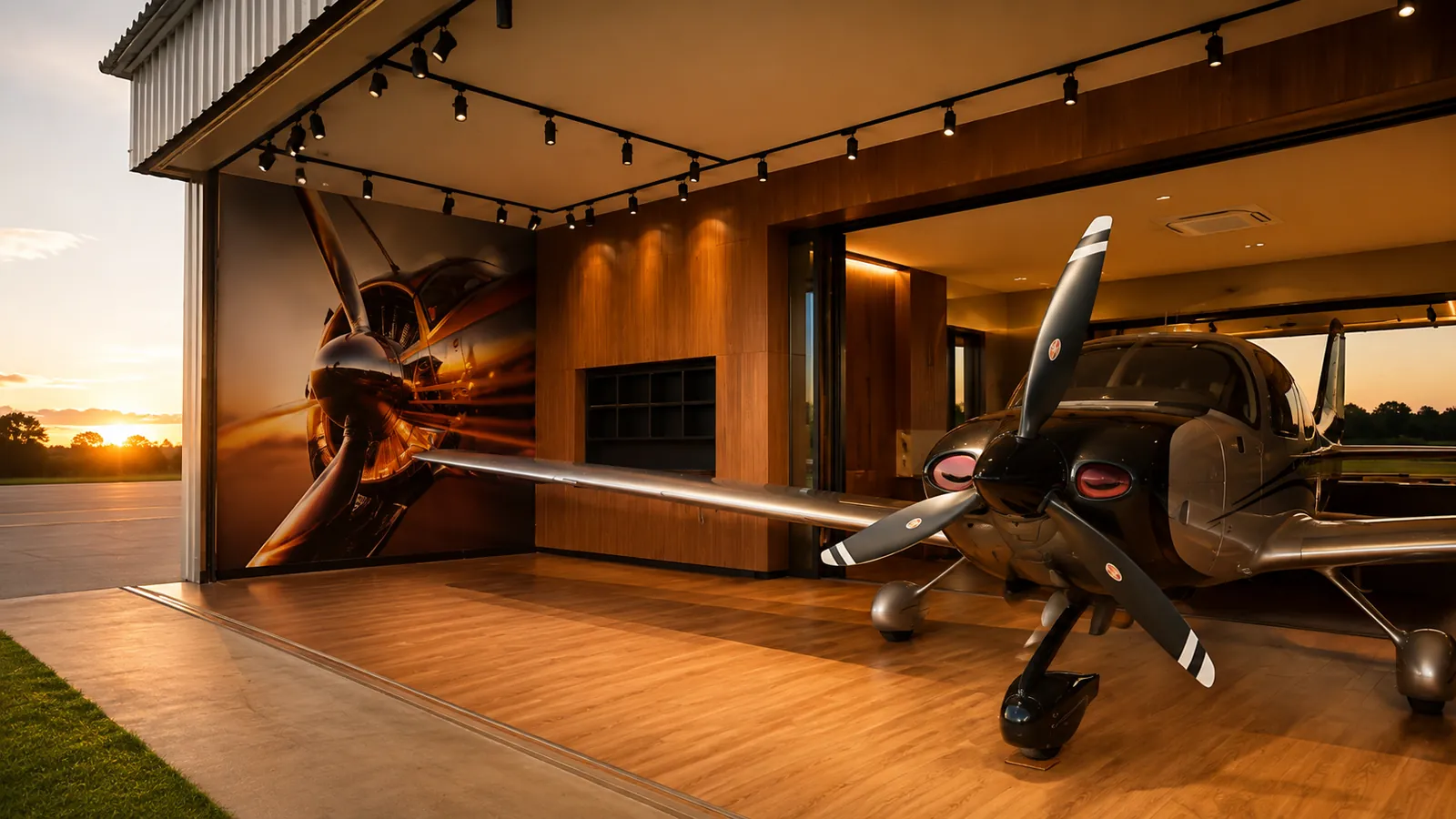 Hangar com marcenaria externa amadeirada e aeronave